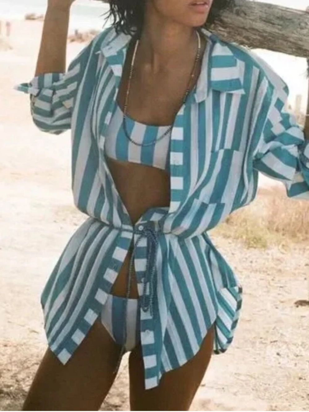 Solid and Striped Blue Oxford Tunic Shirt in Peacock Blue (122) - Picture 4 of 9